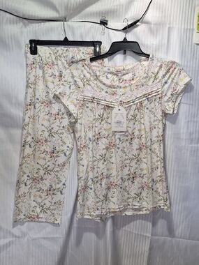 Floral Two-Piece Pajama Set - White with Pink & Green Floral Print- Body Touch